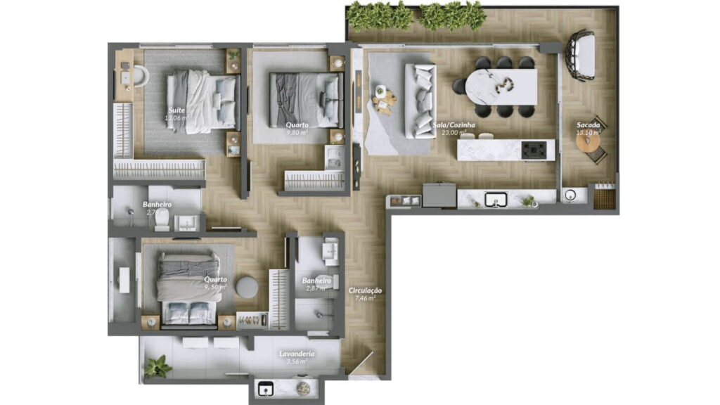 Planta com 1 suíte + 2 quartos Pantai Brava House | Foto Incorposul