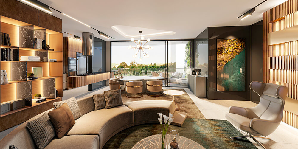 Living duplex do empreendimento Saint Antoni, composta pelo sofá curvo e a poltrona posicionada logo em frente.